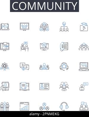 Collection d'icônes de ligne de communauté. Société, population, quartier, Assemblée, Congrégation, Rassemblement, vecteur de colonie et illustration linéaire. Clan Illustration de Vecteur