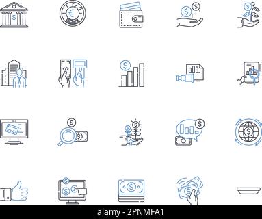 Collection d'icônes de la ligne de courtage de stock. Négociation, investissement, actions, actions, obligations, Portefeuille, vecteur de dividendes et illustration linéaire. ETF,futures Illustration de Vecteur