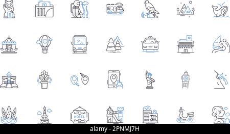 Collection d'icônes de quête errante. Aventure, exploration, Voyage, Wanderlust, Voyage, Itinérance, vecteur de randonnée et illustration linéaire Illustration de Vecteur