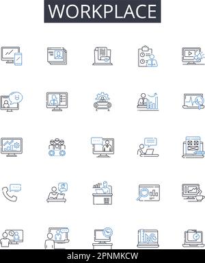 Collection d'icônes de ligne de poste de travail. Espace de bureau, chantier, zone d'occupation, centre d'affaires, lieu de travail, Emploi Z, vecteur de carrière et linéaire Illustration de Vecteur