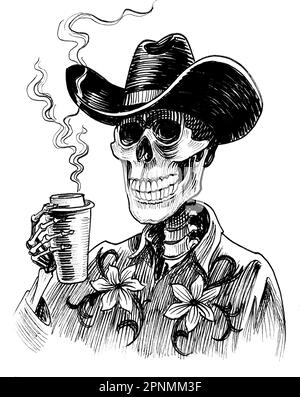 Squelette dans un chapeau de cow-boy buvant une tasse de café. Dessin noir et blanc Banque D'Images