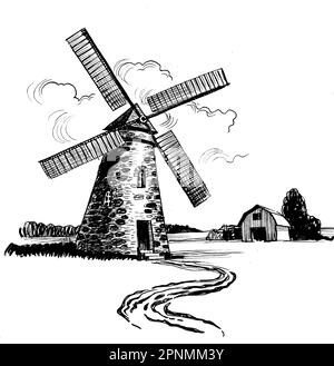 Vieux moulin à vent dans la campagne. Dessin noir et blanc Banque D'Images