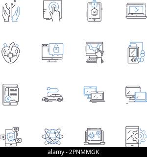 Collection d'icônes de ligne de progrès technologiques. Robotique, automatisation, intelligence artificielle, réalité augmentée, réalité virtuelle, Blockchain Illustration de Vecteur