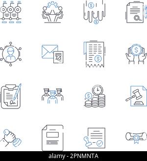 Collection d'icônes de cabinet d'avocats. Plaidoyer, avocat, litige, juridique, Justice, Intégrité, vecteur de représentation et illustration linéaire. Expertise Illustration de Vecteur