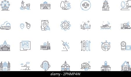 Collection d'icônes de la gamme Bed-and-Breakfast. Confortable, petit déjeuner, charmant, hospitalité, accueil, Scénario pittoresque et relaxant et illustration linéaire. Confortable Illustration de Vecteur