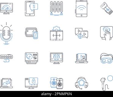 Implémente et objets collection d'icônes de ligne. Outils, instruments, machines, dispositifs, équipement, Gadgets, vecteur d'appareil et illustration linéaire Illustration de Vecteur