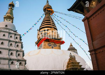 Vue sur le Temple des singes Stupa à Katmandou Népal contre un ciel bleu dans la lumière chaude du soir. Les drapeaux de prière agités dans le vent. Banque D'Images