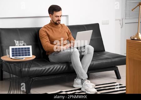 Beau homme utilisant un ordinateur portable près d'un panneau solaire portable à la maison Banque D'Images