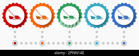 Jeu d'icônes vectorielles pour tondeuse à gazon, modèle graphique coloré, jeu d'icônes de badge à motif plat en 5 couleurs Illustration de Vecteur