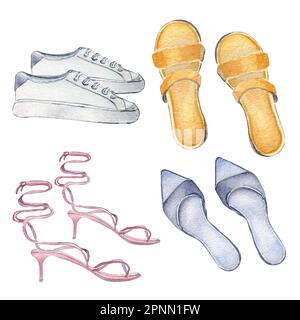 Ensemble d'accessoires d'été pour femme aquarelle illustration isolée sur blanc. Divers de chaussures, de baskets blanches, de sandales orange dessinées à la main. Conception pour s Banque D'Images