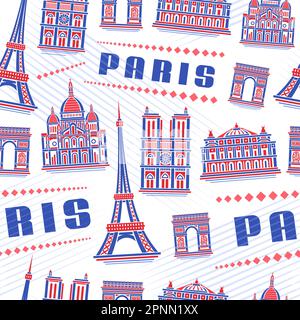 Vector Paris Seamless Pattern, fond carré répété avec illustration du célèbre paysage de la ville européenne de paris sur fond blanc pour papier d'emballage, Illustration de Vecteur