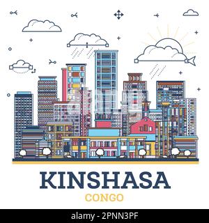 Contour Kinshasa Congo City Skyline avec des bâtiments modernes de couleur isolée sur blanc. Illustration vectorielle. Kinshasa Afrique Cityscape avec des monuments. Illustration de Vecteur