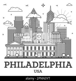 Aperçu de Philadelphie Pennsylvania City Skyline avec des bâtiments modernes et historiques isolés sur White. Illustration vectorielle. Philadelphie USA CityScape. Illustration de Vecteur