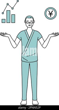 Homme d'âge moyen et âgé admis patient dans une blouse d'hôpital guidant une image de DX, amélioration des performances et des ventes, Vector Illustration Illustration de Vecteur