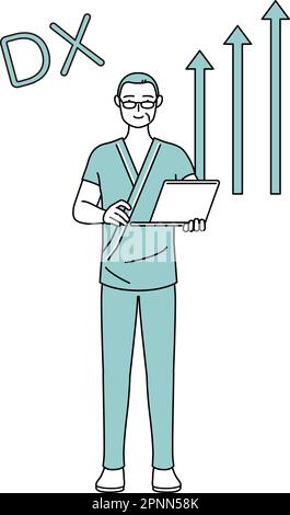 Image de DX, de l'âge moyen et de l'homme âgé admis patient dans la robe d'hôpital qui a réussi à améliorer son entreprise, Vector Illustration Illustration de Vecteur