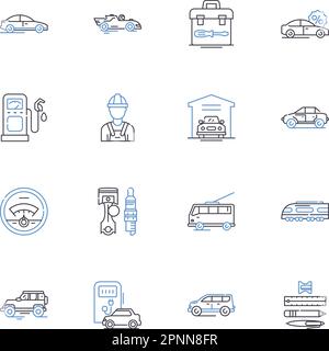 Collection d'icônes de lignes de transport sur route. Camionnage, Logistique, autoroute, fret, remorque, Flotte, vecteur de livraison et illustration linéaire. Voie rapide Illustration de Vecteur