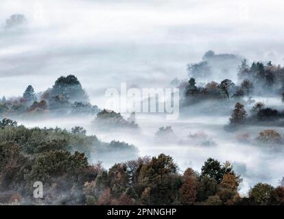 Vue depuis la Corne de Zeller sur le paysage brumeux de l'Alb souabe, forêt d'automne, Onstmettingen, Albstadt, Bade-Wurtemberg, Allemagne Banque D'Images