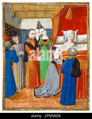 Mort d'Anne de Bohême (1366-1394), également connue sous le nom d'Anne de Luxembourg, reine d'Angleterre (1382-1394) comme la première femme du roi Richard II, peinture manuscrite miniature illuminée de Jean Froissart, 1470-1472 Banque D'Images