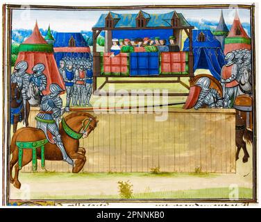 Deux chevaliers en armure jouant à cheval lors d'un tournoi médiéval, peinture manuscrite illuminée par Jean Froissart, vers 1480 Banque D'Images