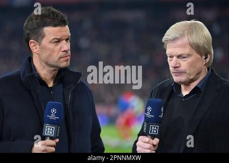 Munich, Allemagne. 19th avril 2023. De gauche à droite : Michael BALLCK (expert en football de la DAZN), Oliver KAHN (Président de la FCB). Ligue des champions de football/quart de finale FC Bayern Munich-Manchester City (ManCity) 1-1 sur 19 avril 2023, ALLIANZAREN A. ? Credit: dpa/Alay Live News Banque D'Images