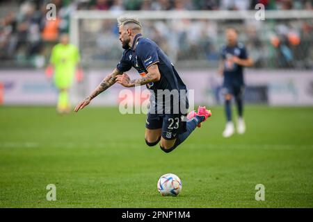 VARSOVIE, POLOGNE - 16 AVRIL 2023 : Ligue polonaise de football T-Mobile Ekstraklasa o/p : Kristoffer Velde (Lech) Banque D'Images