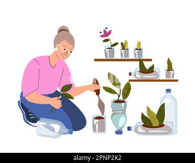 Jardinier Old Woman Upcycling bouteilles en plastique coupant utilisé jarre pour planter des semis et des fleurs.Gardener retraité. Illustration du recyclage et de la récupération Banque D'Images