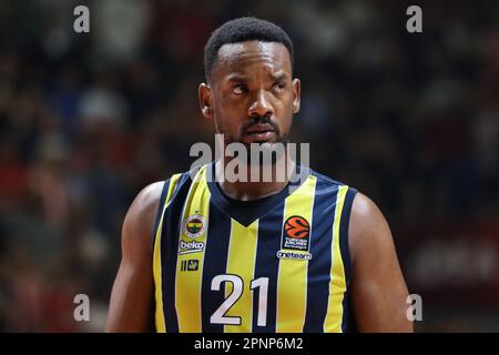 Belgrade, Serbie, 13 avril 2023. Dyshawn Pierre de Fenerbahce Beko Istanbul réagit lors du match Euroligue 2022/2023 de Turkish Airlines entre Crvena Zvezda mts Belgrade et Fenerbahce Beko Istanbul au hall Nikolic d'Aleksandar à Belgrade, Serbie. 13 avril 2023. Crédit : Nikola Krstic/Alay Banque D'Images