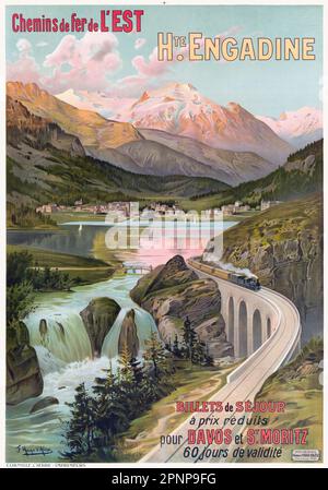 Chemins de fer de l'est. H[au]te Engadine de Frédéric Hugo d'Alési (1849-1906). Affiche publiée en 1910 en Suisse. Banque D'Images