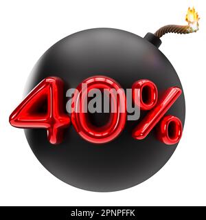 40 % de remise 3D illustration isolée sur fond blanc. Vente, offre spéciale, bon prix, affaire, shopping. Motif découpé rouge et noir Banque D'Images