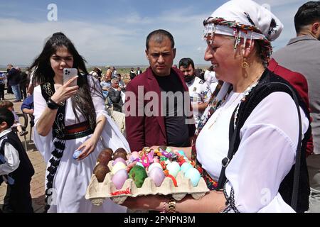 Une femme Yazidi est vue distribuer des œufs peints aux invités pendant la célébration du mercredi rouge dans le village de Bacinê. Les Kurdes Yazidi vivant dans le village de Bacine du district de Midyat et des districts de Besiri en Turquie ont célébré la fête du mercredi rouge, connue sous le nom de 'Charshema SOR' en kurde, joyeusement avec divers divertissements. Des hommes, des femmes et des enfants de 10 familles yazidi vivant dans le village de Bacine se sont réunis au Centre culturel Yazidi après les prières du matin, portant les robes les plus colorées et les plus belles. Yazidis croit que avril est un mois de printemps Saint et que le monde a été créé dans ce mon Banque D'Images