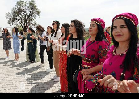 Les femmes Yazidi dansent dans la joie lors de la célébration du mercredi rouge dans le village de Bacinê. Les Kurdes Yazidi vivant dans le village de Bacine du district de Midyat et des districts de Besiri en Turquie ont célébré la fête du mercredi rouge, connue sous le nom de 'Charshema SOR' en kurde, joyeusement avec divers divertissements. Des hommes, des femmes et des enfants de 10 familles yazidi vivant dans le village de Bacine se sont réunis au Centre culturel Yazidi après les prières du matin, portant les robes les plus colorées et les plus belles. Yazidis croit que avril est un mois de printemps Saint et que le monde a été créé en ce mois. AP Banque D'Images