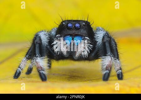 Gros plan d'une araignée sautant (Phidippus regius) sur une feuille, Indonésie Banque D'Images