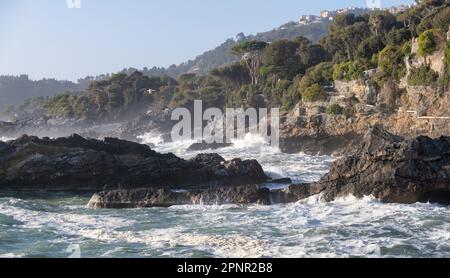 Vagues s'écrasant sur la côte rocheuse, Lerici, la Spezia, Ligurie, Italie Banque D'Images