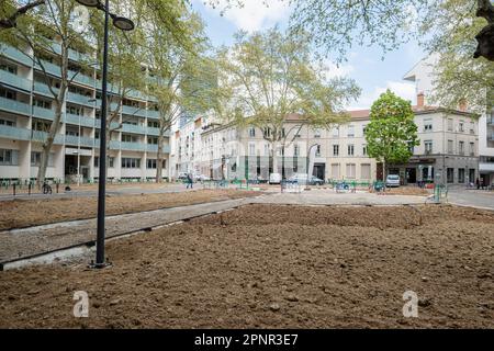 France, Lyon, 2023-04-18. Travaux sur le bloc de danton en cours d'élaboration par la métropole de Lyon. Banque D'Images