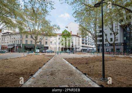 France, Lyon, 2023-04-18. Travaux sur le bloc de danton en cours d'élaboration par la métropole de Lyon. Banque D'Images