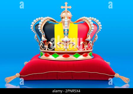 Couronne dorée royale sur coussin avec drapeau du Royaume de Belgique, 3D rendu isolé sur fond bleu Banque D'Images
