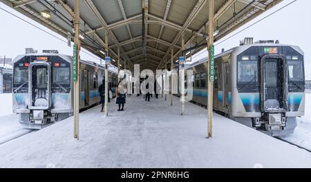 La série JR East GV-E400 s'entraîne par une journée enneigée à la gare de Goshogawara dans la préfecture d'Aomori, au Japon. Banque D'Images