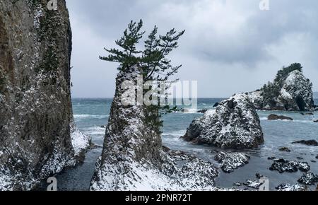 La côte rocheuse de la mer du Japon en hiver dans la préfecture d'Aomori, vue à partir d'un train sur la ligne Gono. Banque D'Images