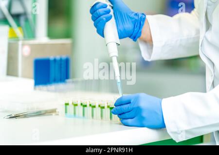 pipetage d'un échantillon dans un bécher en verre pendant la recherche dans un laboratoire scientifique Banque D'Images