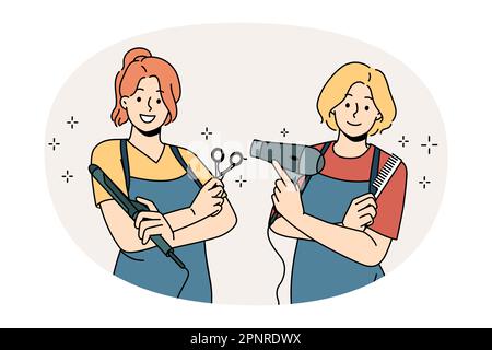 Travailler comme coiffeur dans le concept de salon. Deux jeunes filles souriantes portant des tabliers debout tenant des outils de travail dans l'illustration vectorielle de salon de coiffure Illustration de Vecteur