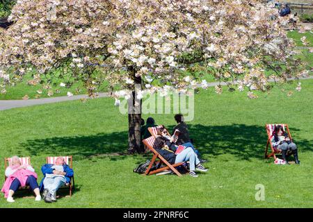 Bath, Royaume-Uni. 20th avril 2023. Les prévisionnistes prédisent que le temps sera plus frais et plus couvert dans les prochains jours, les visiteurs des jardins de Bath's Parade sont photographiés pour profiter du soleil chaud de l'après-midi. Credit: Lynchpics/Alamy Live News Banque D'Images