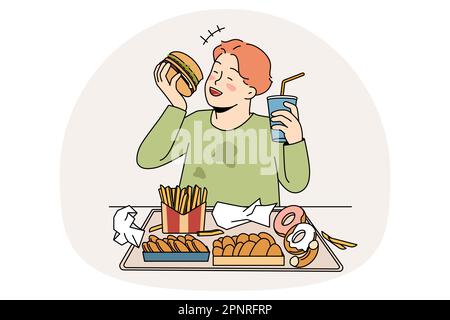 Alimentation malsaine dans l'enfance concept. Sourire gai gai assis et manger des beignets de hamburger frites boire de la limonade en appréciant l'illustration de la nourriture de mauvaise qualité Illustration de Vecteur