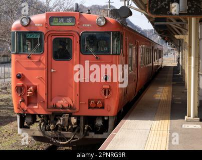 Un train JR West KiHa série 47 à la gare de Hamasaka dans la préfecture de Hyogo, au Japon. Banque D'Images