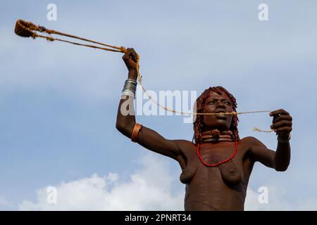 Une grenaille traditionnelle pour expulser les oiseaux des champs agricoles Hamer Tribe, Éthiopie Banque D'Images