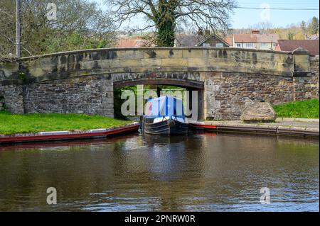 Bateau à rames passant sous un pont de canal au bassin de Trevor sur le canal de Llangollen. Banque D'Images