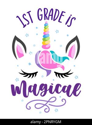 La première catégorie est magique : design couleur du visage unicorn. Idéal pour les vêtements, les ensembles-cadeaux, les photos ou les affiches de motivation. Éducation préscolaire T-shirt typograp Illustration de Vecteur