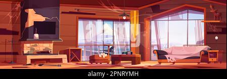 Intérieur de chalet en bois abandonné avec vue sur la montagne. Dessin animé vectoriel de la pièce désordonnée avec vieux meubles cassés, toile d'araignée sur les murs, endommagé Illustration de Vecteur
