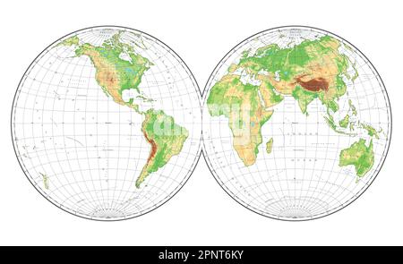 Carte du monde physique très détaillée en forme de globe terrestre. Projection globulaire Nicolosi – plate. Illustration de Vecteur