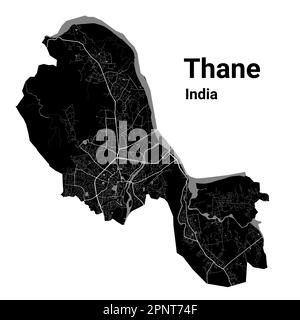 Carte Thane. Carte vectorielle détaillée de la zone administrative de Thane. Vue sur l'aria métropolitain avec affiche CityScape. Terre noire avec des routes et des avenues blanches. WH Illustration de Vecteur