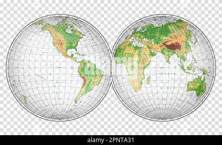 Carte du monde physique très détaillée en forme de globe terrestre. Projection globulaire Nicolosi – 3D. Illustration de Vecteur